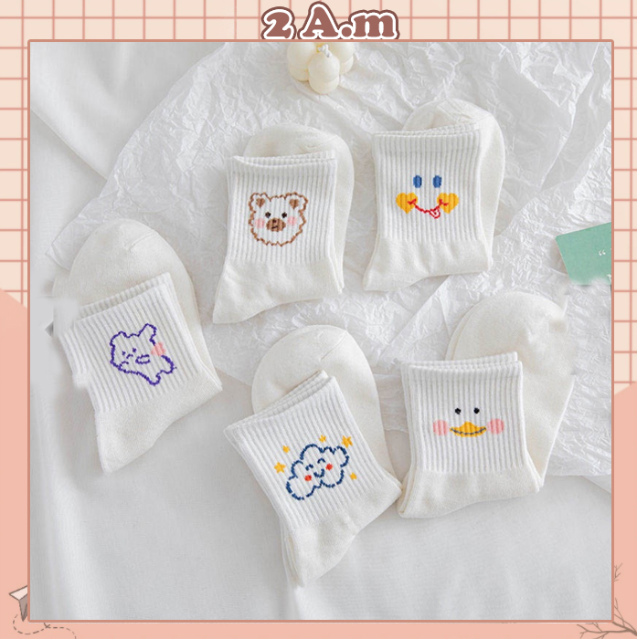 Tất Vớ Ngắn Cổ Nam Nữ Họa Tiết Mây Gấu Mặt Cười Màu Trắng Unisex Chất Liệu Vải Mềm