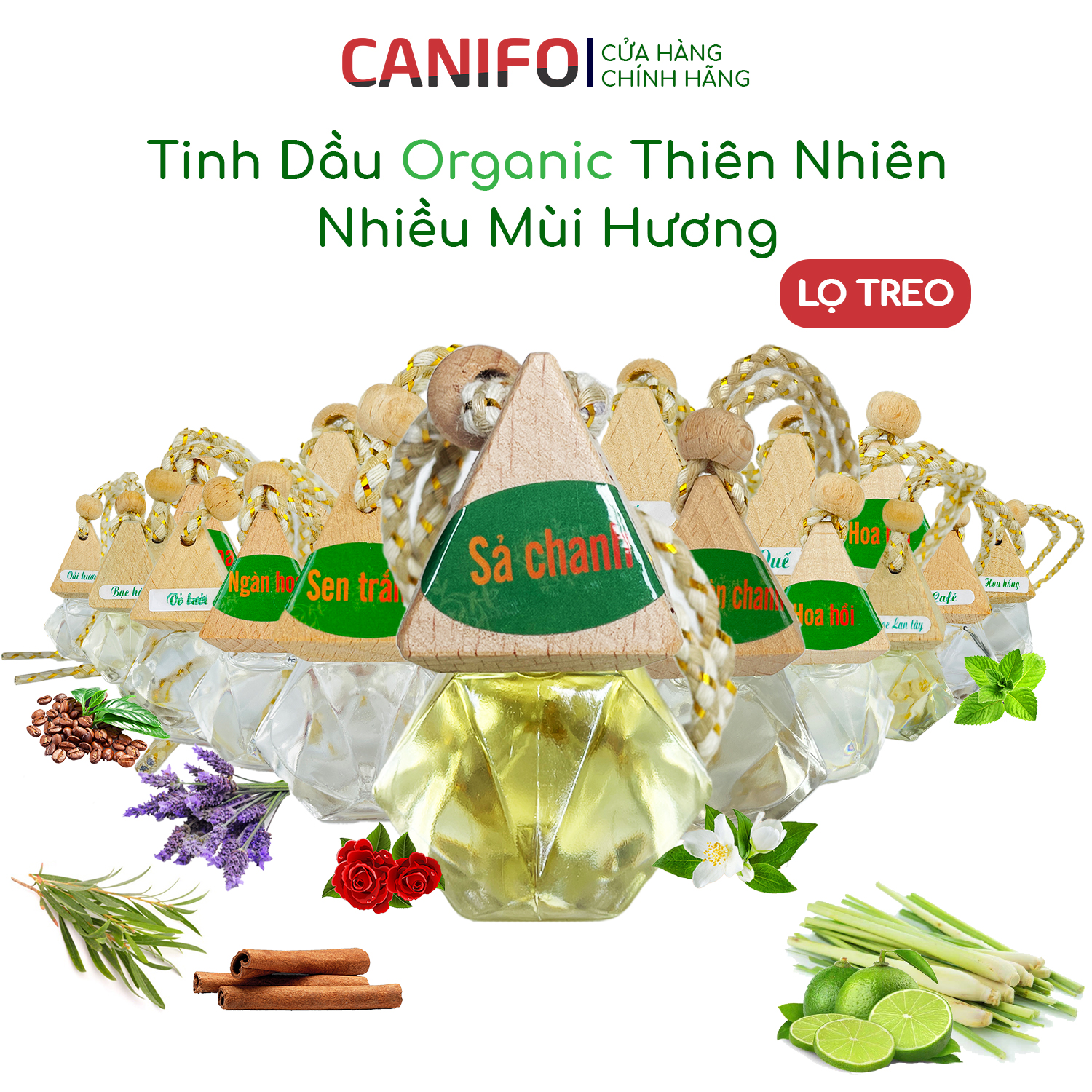 Tinh dầu treo xe  oto - CANIFO Organic, (Tùy chọn mùi hương), Lọ tinh dầu treo xe, treo tủ quần áo, treo phòng, giúp làm thơm, khử mùi, sả chanh, quế, bạc hà, hoa nhài, hoa hồng, bưởi, tràm...