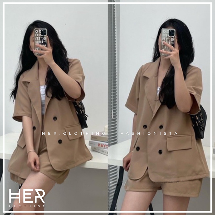 Set áo vest trơn basic cộc tay kèm quần short form oversize, set áo blazer kèm quần cực xinh