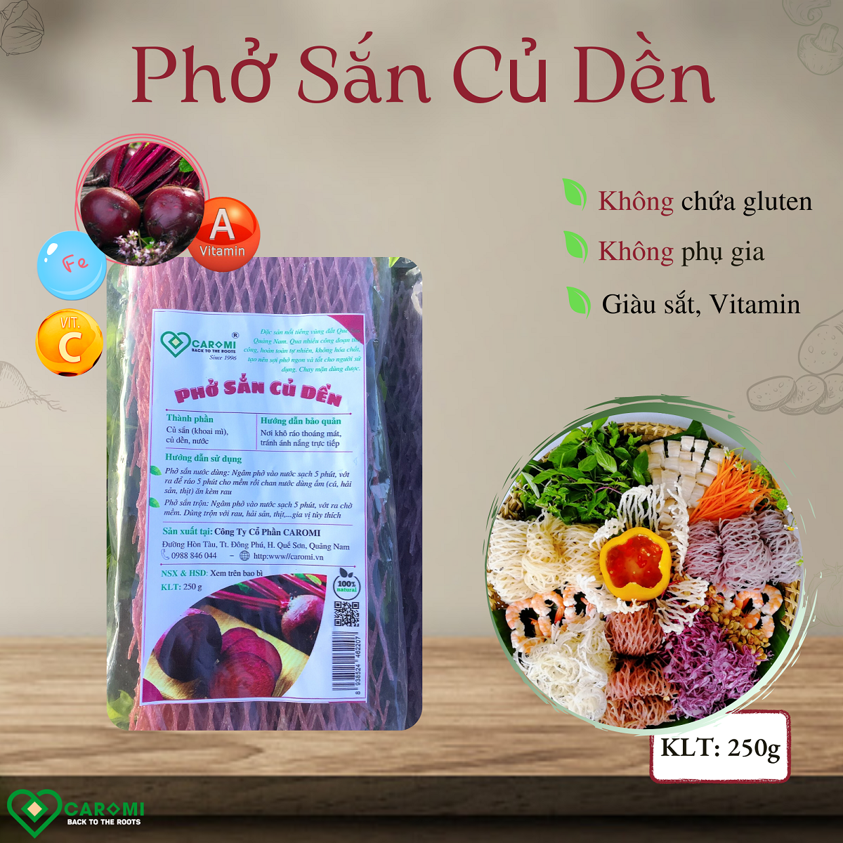 Phở Sắn Củ Dền, gói 250g - Thực phẩm sạch, Giảm Cân, Tốt cho người tiểu đường, Thương hiệu Caromi - Đặc sản Quảng Nam