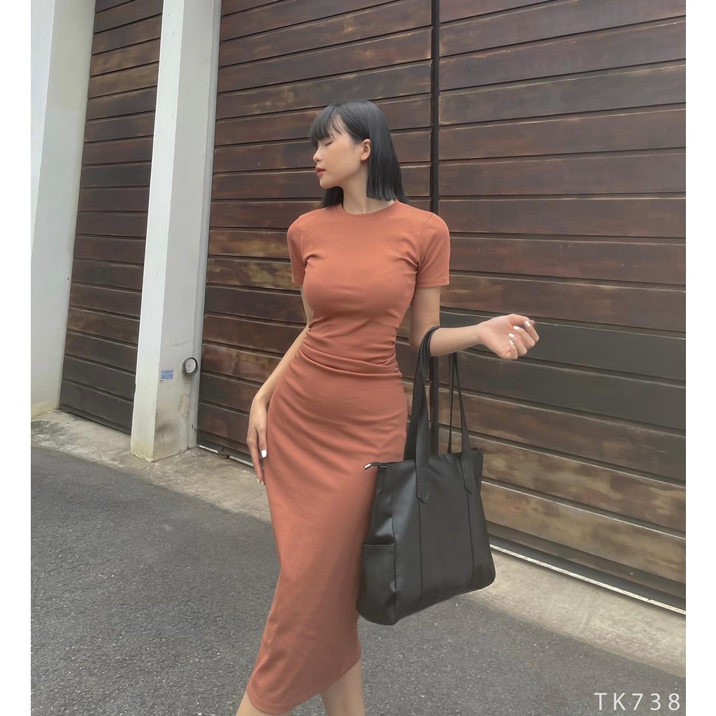 Đầm body thun tay ngắn nhún eo tôn dáng màu nude