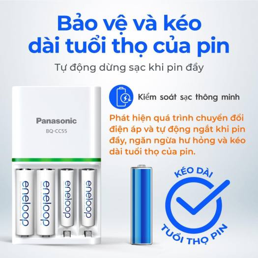 Bộ Sạc Pin Eneloop Panasonic BQ-CC55 Tặng Kèm 4 Pin Sạc 2000mAh Chính Hãng Sạc Nhanh Tự Ngắt