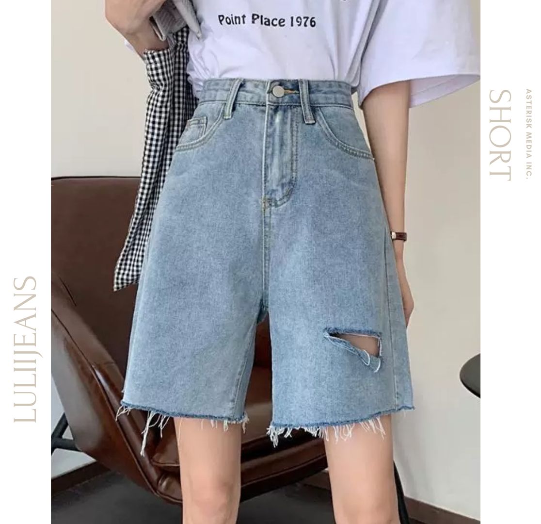 Quần sọt ngố lửng ống rộng jean nữ, rách nhẹ lưng cao ulzzang