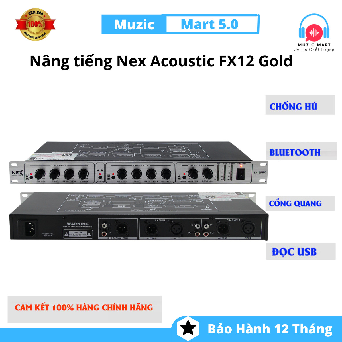 Máy nâng tiếng hát karaoke . nâng tiếng karaoke nex acoustic fx12 gold - thiết kế kim loại cao cấp, đèn led nổi bật, thiết bị nâng tiếng chuyên nghiệp, âm thanh sống động hơn, treble trong trẻo, bass cực mạnh, full chức năng,