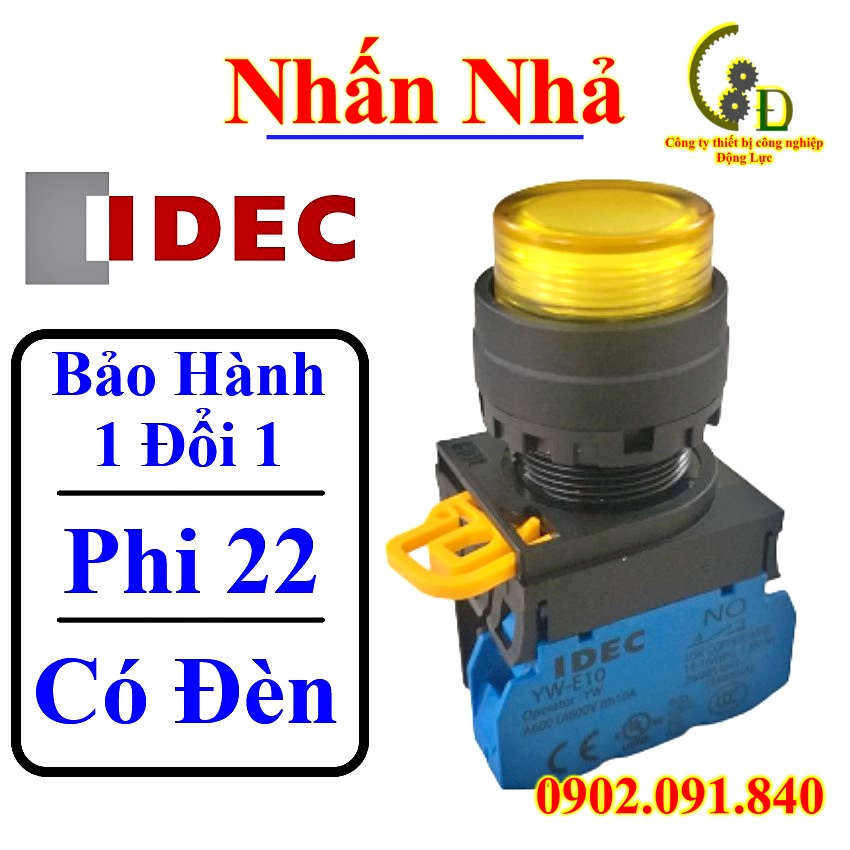 Nút nhấn nhả có đèn phi 22mm màu vàng idec yw1l-m2e10qm3y, nút nguồn ấn nhả 1 tiếp điểm 1no 220v