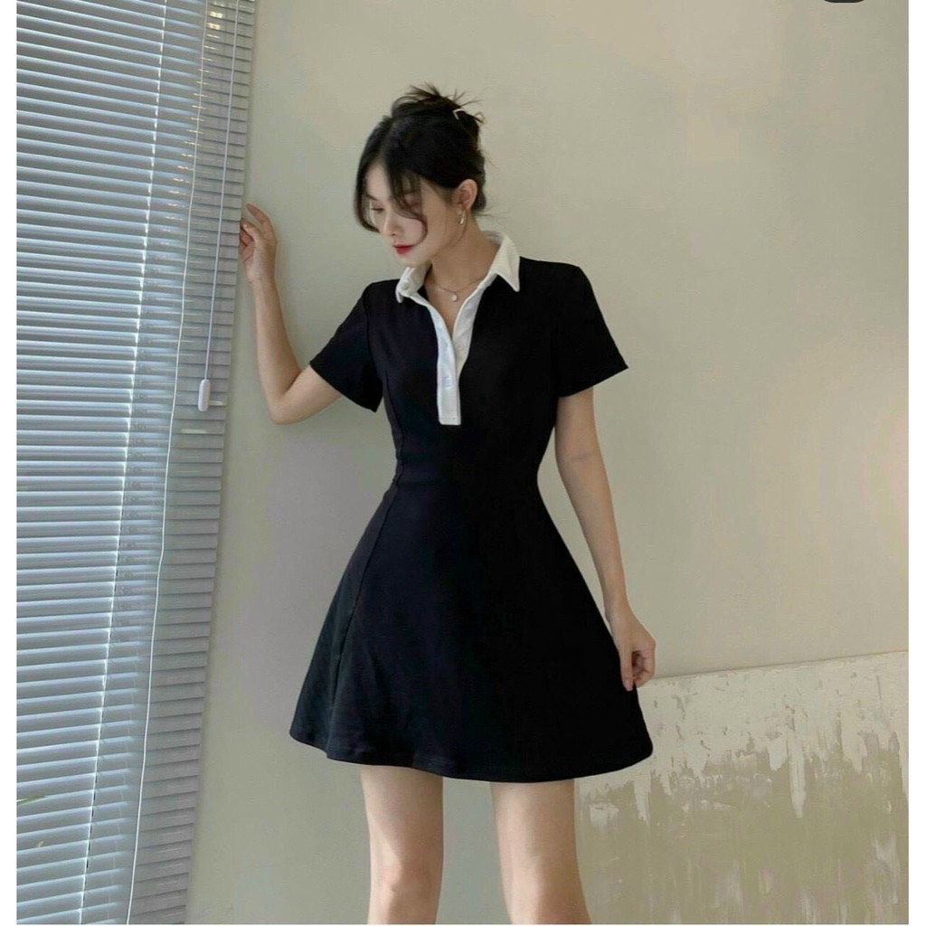 Váy polo phối cổ trắng dáng xuông chất cotton 4 chiều mềm min thoáng mát