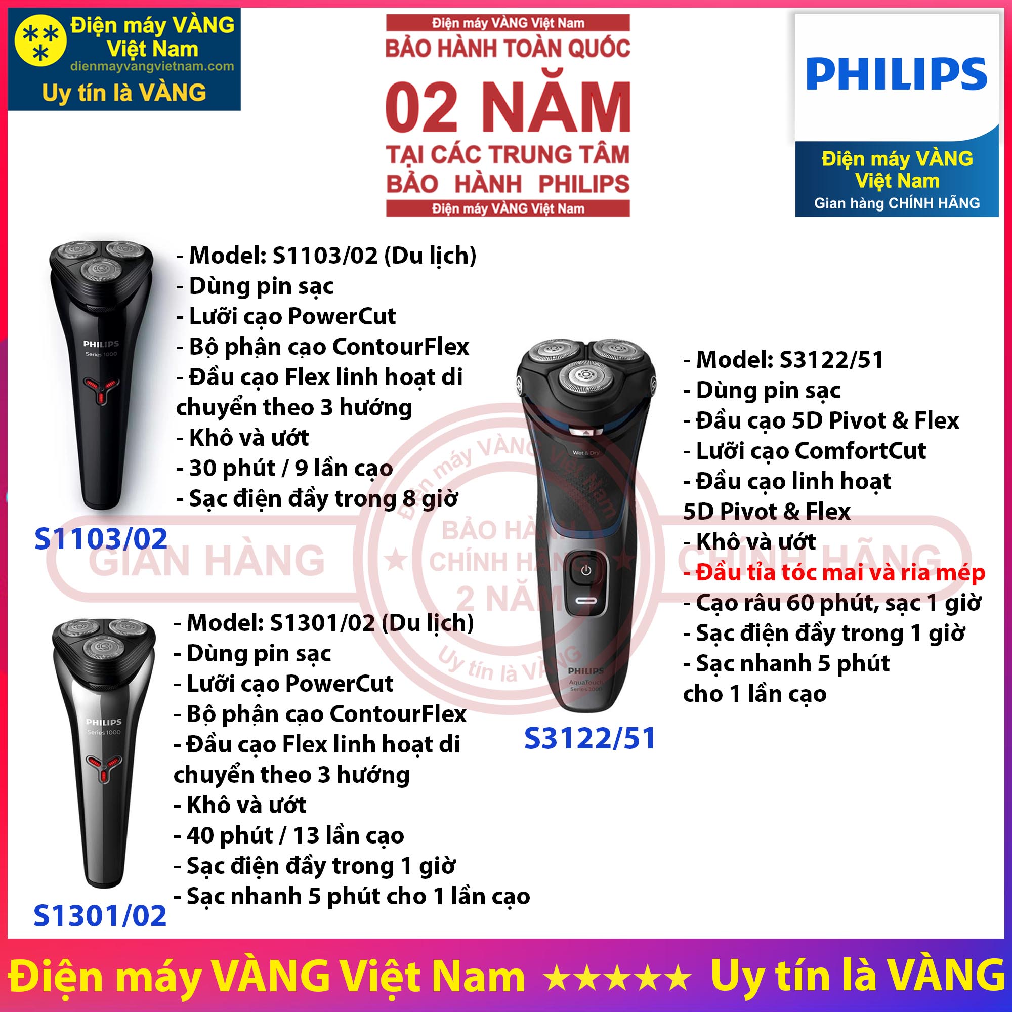 Máy cạo râu philips s1103/02 s1301/02 s3122/51 - hàng chính hãng