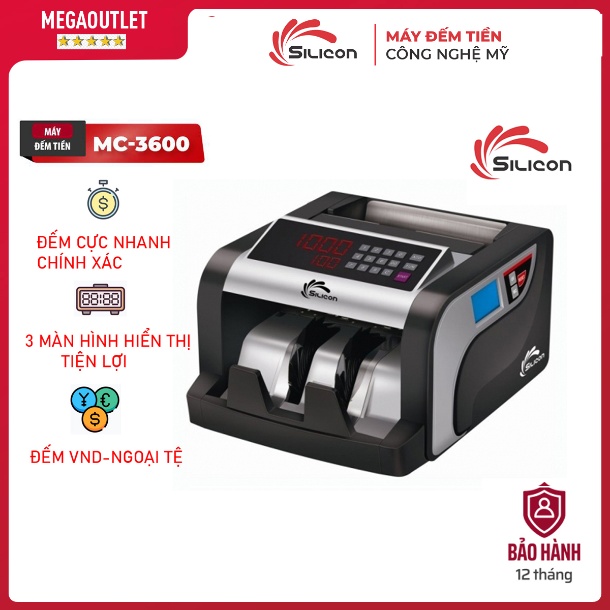 Máy đếm tiền chính hãng nhập khẩu silicon mc-3600, máy đếm tiền tự động đếm vnd,usd & euro, 2 màn hình - chính hãng bảo hành 1 năm