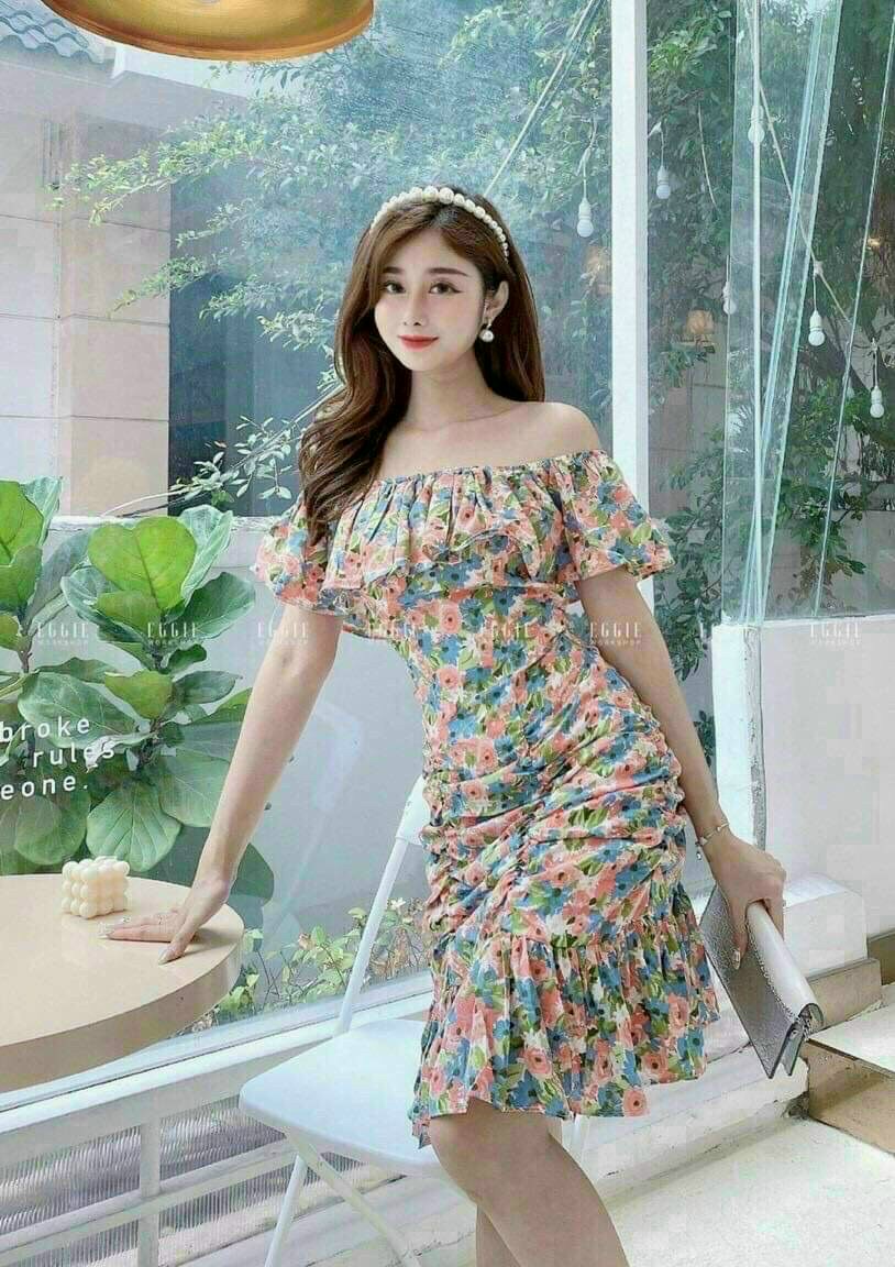 Đầm lụa hoa nhúm eo cao cấp