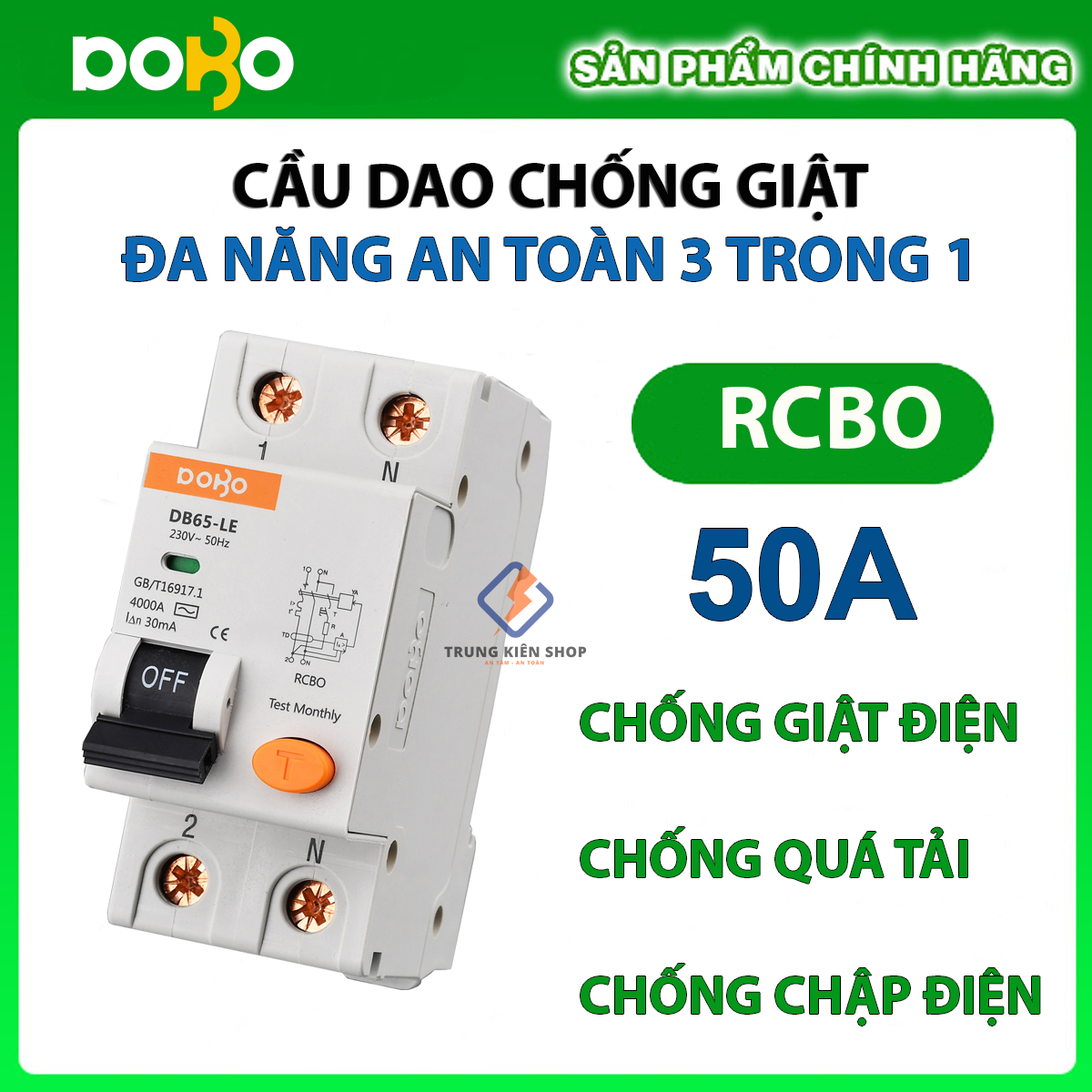 [HÀNG CHÍNH HÃNG] Cầu dao Chống Giật RCBO DOBO KOREA 2P 50A - 30mA  đa năng - siêu nhạy - test giật trực tiếp - Hàng Tốt - Sản phẩm được Khách Hàng tin dùng 5 năm liền!