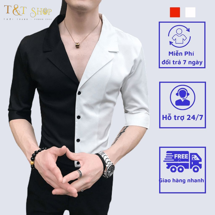 Áo sơ mi, Áo sơ mi nam phối màu đặc biệt Đỏ -ĐEn và Trắng - Đen nam tính lịch lãm, cổ chữ V phong cách hàn Quốc H11