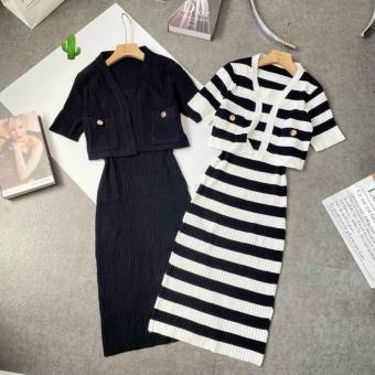 Set đầm body dáng dài và áo khoác ngoài chuẩn body, Set đầm kẻ sọc kèm áo khoác chất thun thích hợp mặc đi tiệc, Set hai món đầm ôm body tặng kèm áo khoác