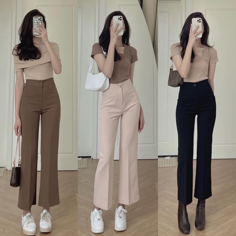 {Free Ship}Quần ống loe lưng cao hàng thiết kế che bụng quần dài ống rộng vải mềm mịn co giãn nhẹ dễ phối đồ phong cách trẻ năng động