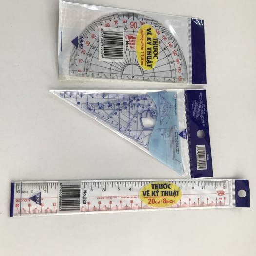 Bộ 4 cây thước kỹ thuật thẳng dẻo (20cm) - eke nhỏ ( 2 cây) - đo độ ( 11.8 cm)