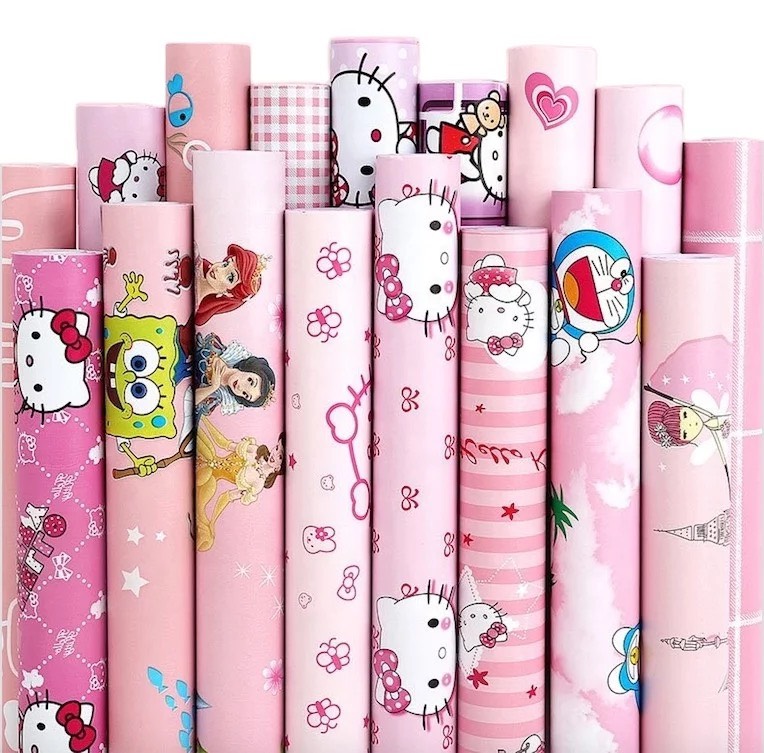   GIÁ SỈ  Cuộn 10M x 45CM decal giấy dán tường keo sẵn - HỌA TIẾT ĐÔ RÊ MON & KITTY & HOẠT HÌNH KP001 