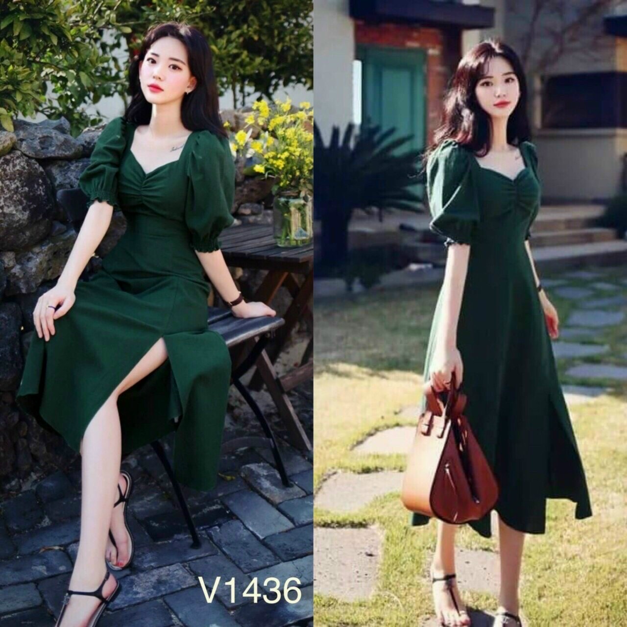 Váy đầm nữ tay phồng nhún ngực xẻ đùi chất umi sang trọng