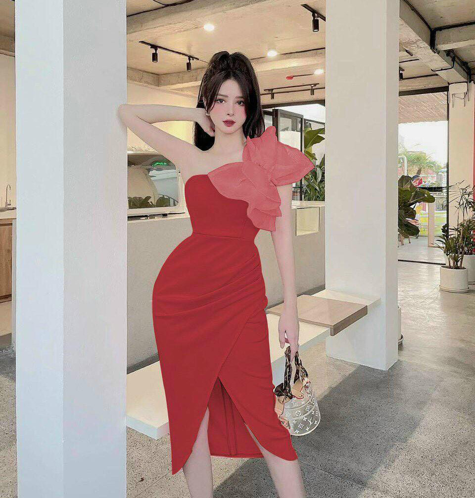 Đầm Váy Nữ Lệch Vai Kết Nơ Xẻ Tà Vạt Chéo Thiết Kế Sang Chảnh Đi Làm Công Sở, Đi Chơi Du Lịch Cực Xinh Đẹp Beta Fashion, Free Size (40-55) Ký Mặc Vừa Nha