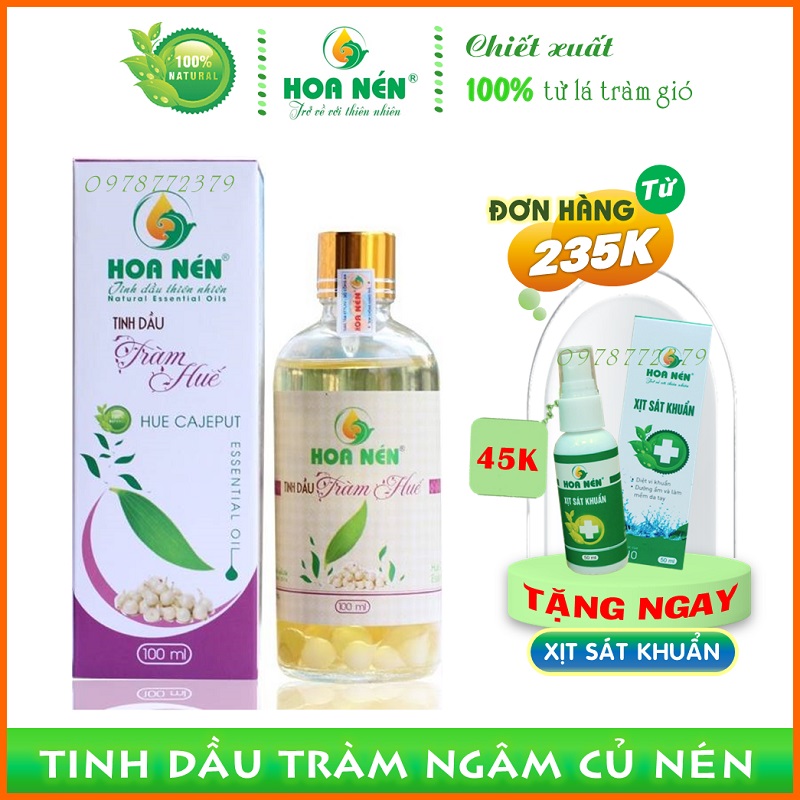 Tinh dầu tràm Hoa Nén 100ml nguyên chất, được ngâm thêm củ Nén - Dầu tràm giúp giữ ấm, phòng ho, sỗ mũi, cảm lạnh cho bé hiệu quả
