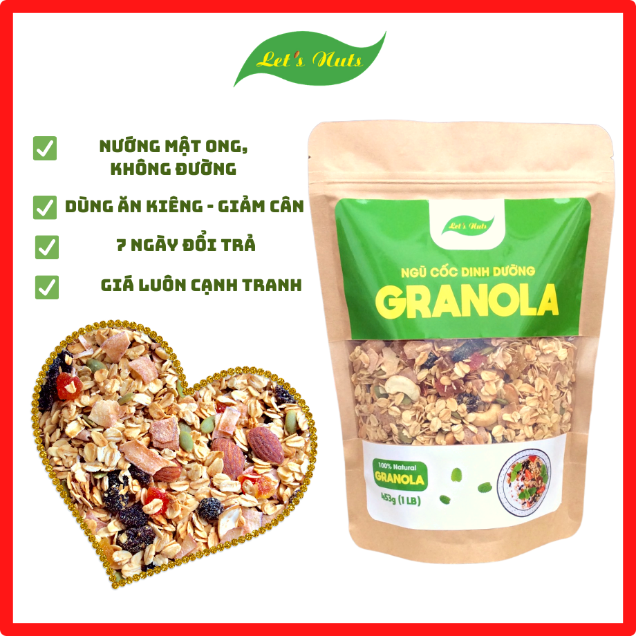 [HCM]Ngũ cốc ăn kiêng Granola Lets Nuts túi 227g làm từ yến mạch mật ong hạnh nhân nho khô bí xanh dừa hạt điều dành cho người bận rộn giảm cân - đồ ăn vặt LETNUTS