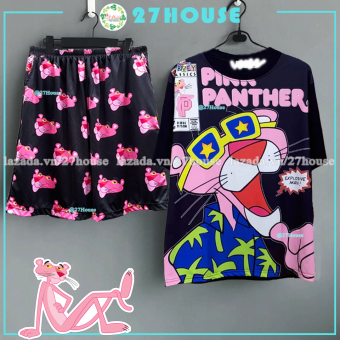 Bộ đồ hoạt hình đồ nhóm đi biển áo thun tay lỡ unisex báo hồng + Quần short cartoon báo hồng freesize phom rộng