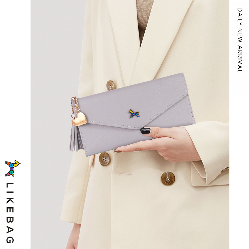 LIKEBAG 2023 thời trang đơn giản ban đầu ví gấp ba lần nhiều khe cắm thẻ phụ nữ da PU ngăn đựng thẻ đồng xu ví tua ví dài