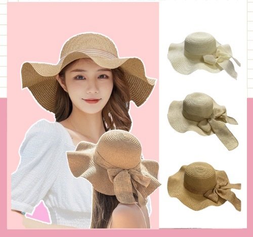 Mũ cói vành to cong dây nơ thừng to -nón cói đi biển