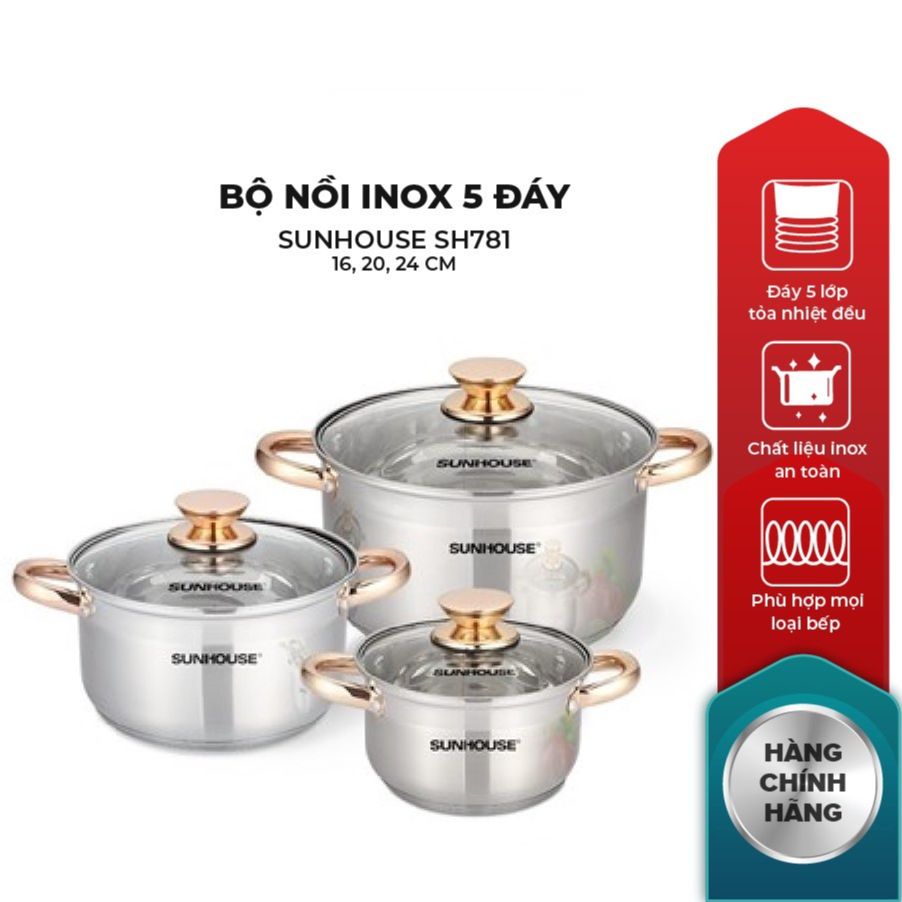 Bộ nồi inox 5 đáy sunhouse sh781 16, 20, 24 cm
