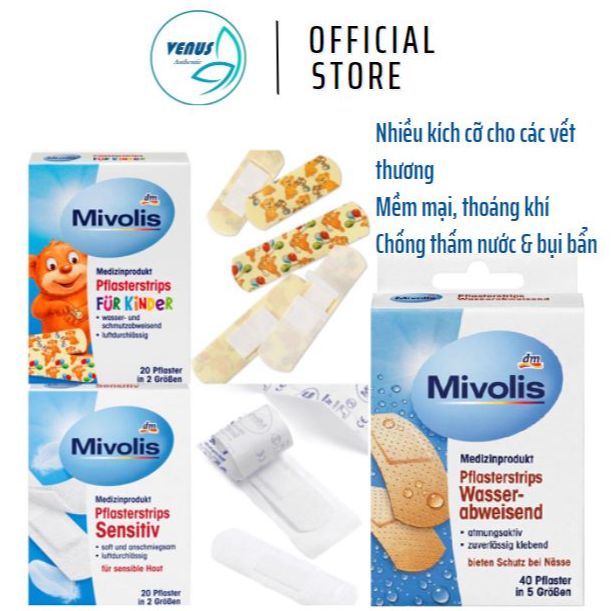 [First Aid] Băng cá nhân Mivolis hộp 20 & 40 miếng nhiều kích thước - Hàng nội địa Đức