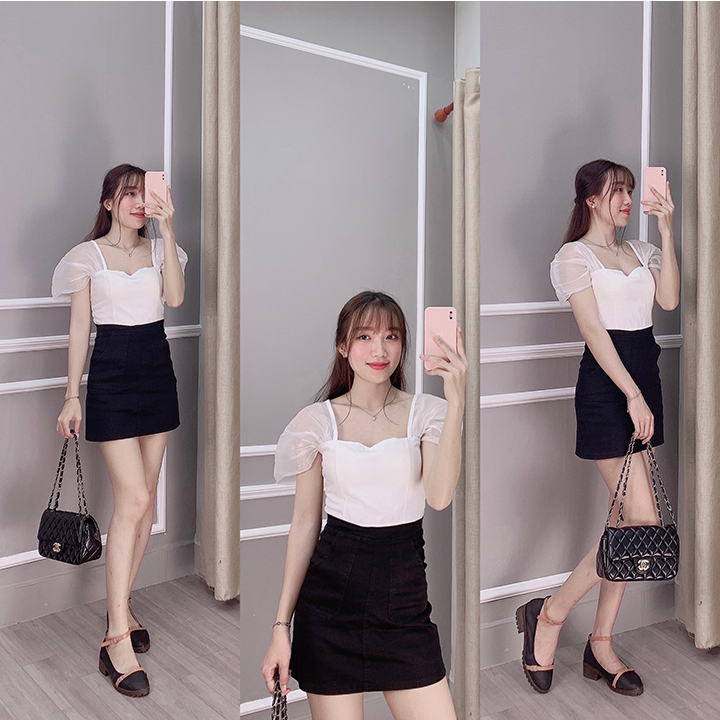 Chân váy kaki trắng đen chữ A dáng ngắn, chân váy công sở ngắn MS77