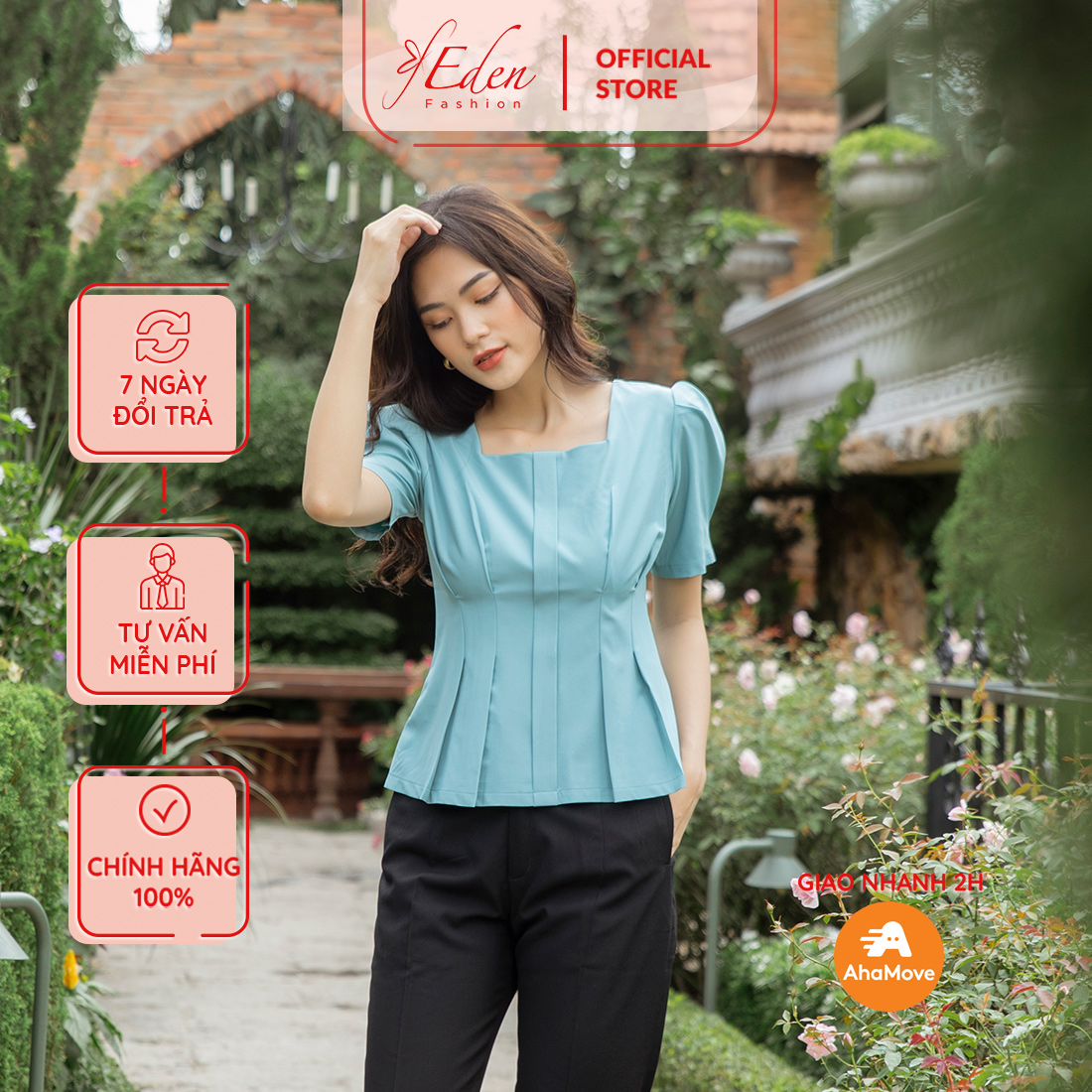 Áo kiểu công sở nữ cổ vuông tay phồng thời trang Eden xếp li eo chất liệu chéo ý mềm mịn  - ASM169