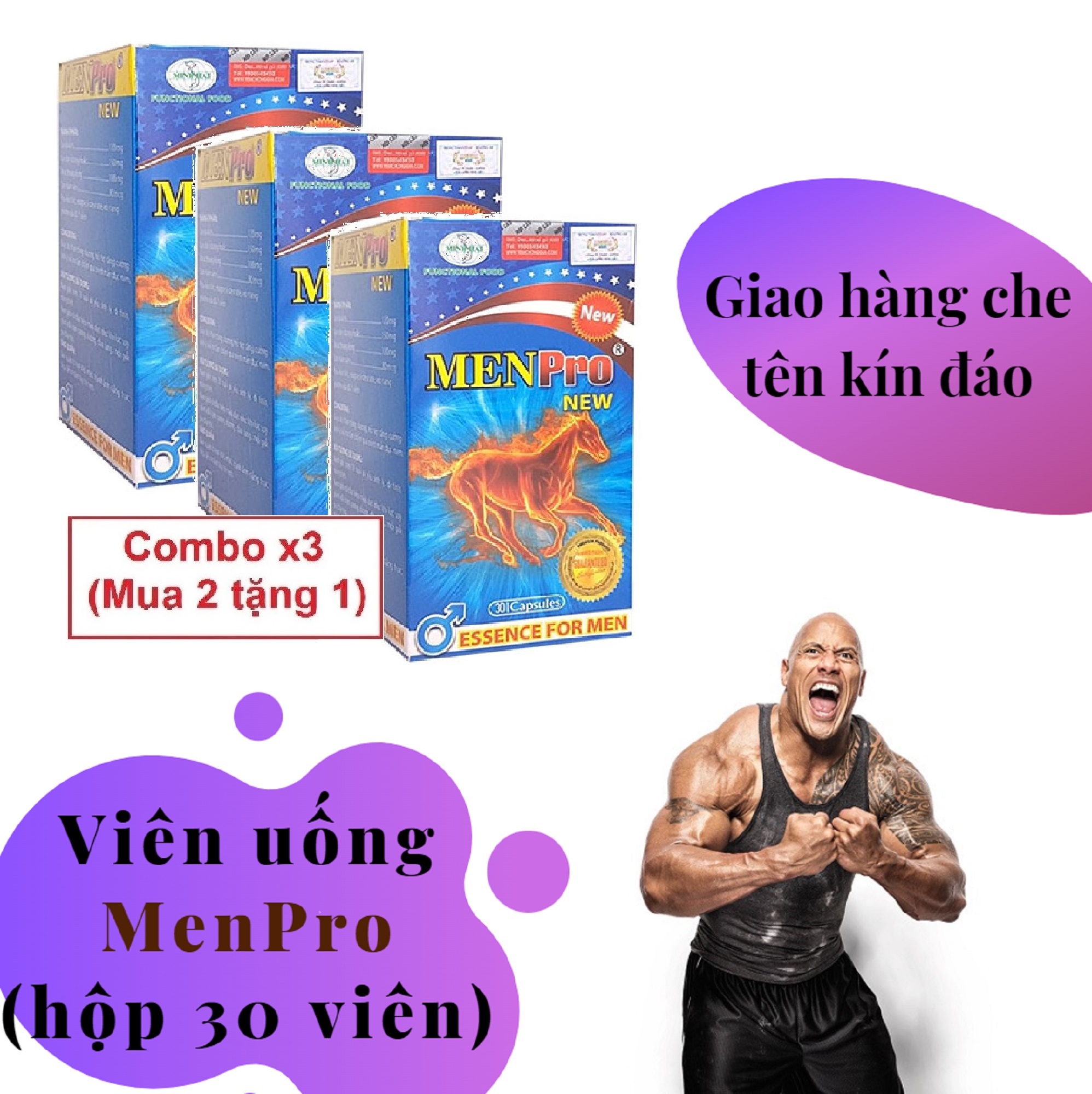 Combo x3 (Mua 2 tặng 1) Viên MEN PRO New công nghệ USA cao cấp tăng cường sinh lý nam mạnh mẽ (hộp 30 viên) - hàng chính hãng ( Menpro Manpro Man pro )