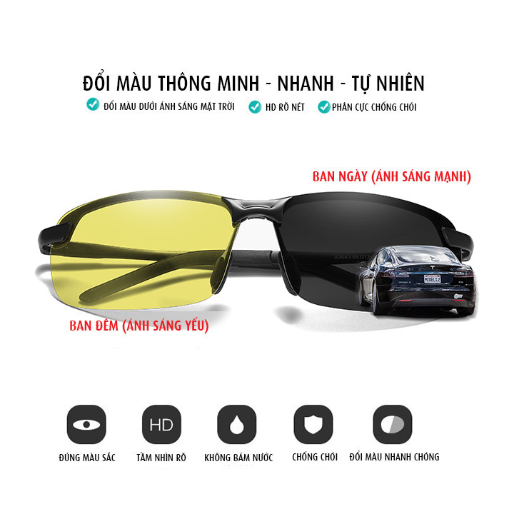 Kính nam, Mắt kính Nam đổi màu đi ngày đêm chính hãng Aoron A3043, gọng nhôm meggie siêu nhẹ, mắt phân cực chống UV 400, kính mắt nam nữ