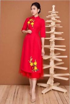 Áo Dài Cách Tân Thêu Hoa Kèm Chân Váy Đáng Yêu [ có nhiều màu cho bạn lựa chọn ]