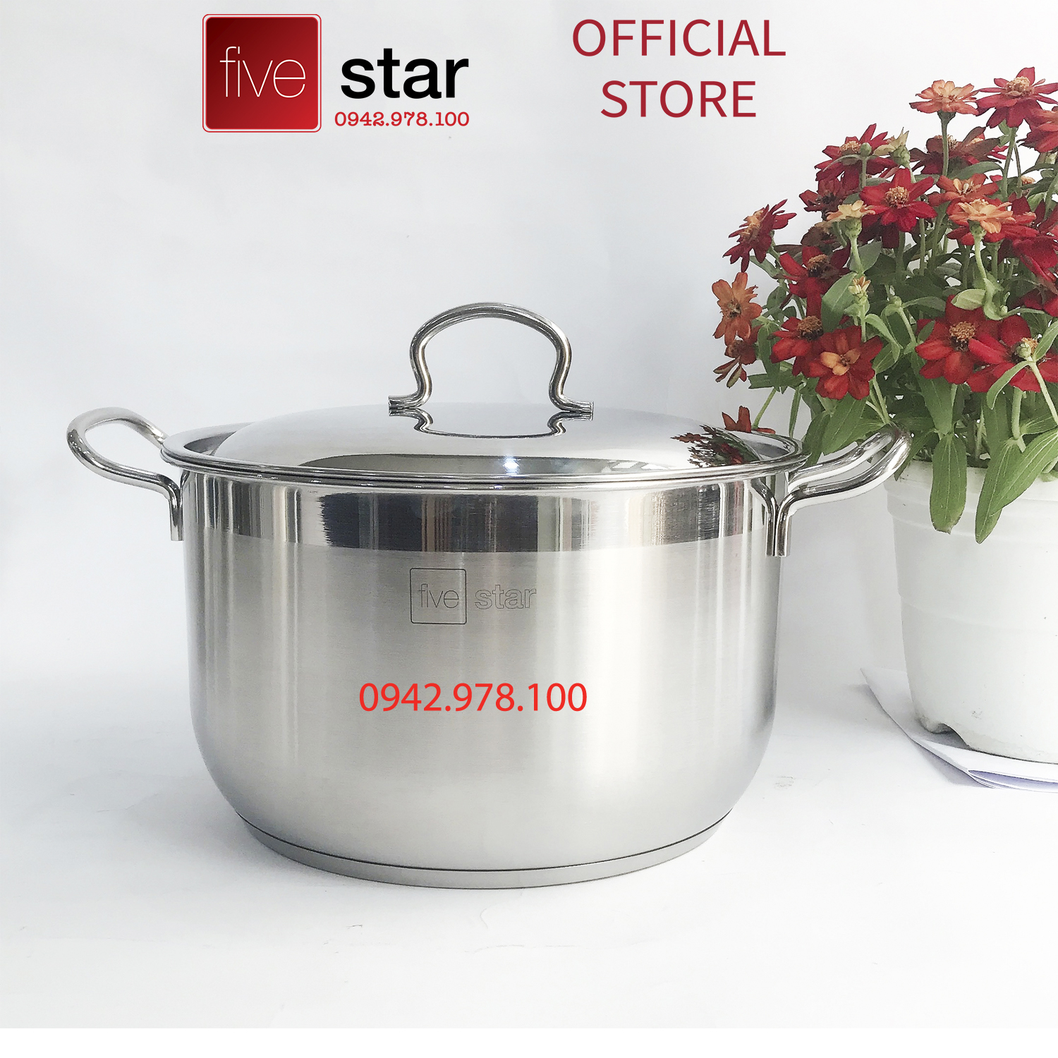 Nồi luộc gà 3 đáy inox 430 cao cấp FiveStar Standard nắp kính  ( 26cm /28cm/30cm/32cm),tặng 2 vá canh - nồi inox bếp từ cao cấp