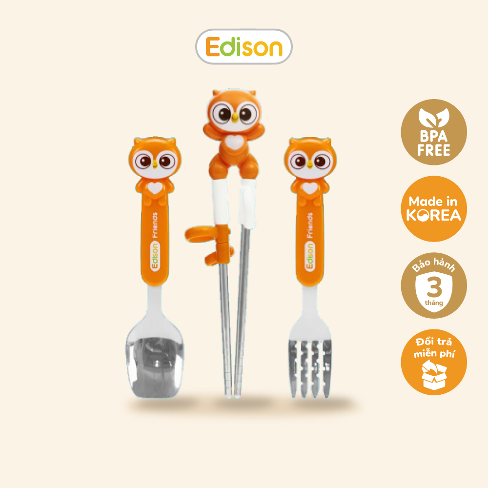 Bộ thìa, đũa  ăn dặm cho bé bằng Inox - Set 3 món thìa, dĩa, đũa tập ăn có hộp đựng Edison 6971 Hàn Quốc - đồ dùng ăn dặm chính hãng