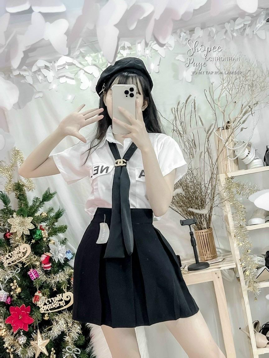 Áo sơ mi trắng thời trang nữ, kèm cà vạt trẻ trung cá tính