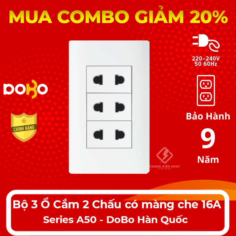 [HÀNG CHÍNH HÃNG] Bộ 3 ổ cắm 2 chấu 16A có màng che - Hạt Công Tắc, Hạt Ổ Cắm Dòng A50 DoBo Hàn Quốc nhập khẩu cao cấp - Bảo hành 9 năm - NPP Trung Kiên