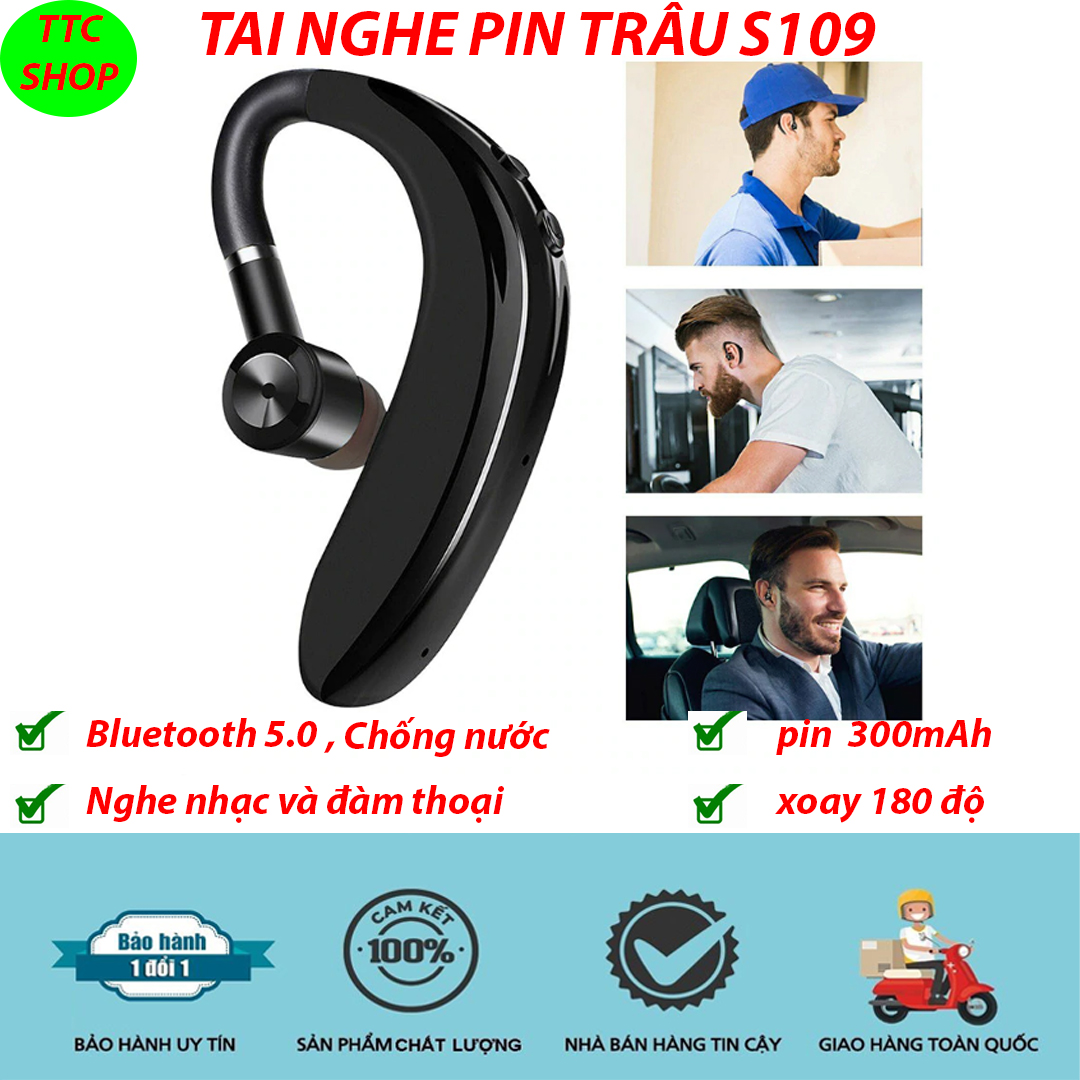 tai nghe bluetooth 5.0 pin trâu, tai nghe móc tai, tai nghe đàm thoại và nghe nhạc S109 - Hàng Nhập