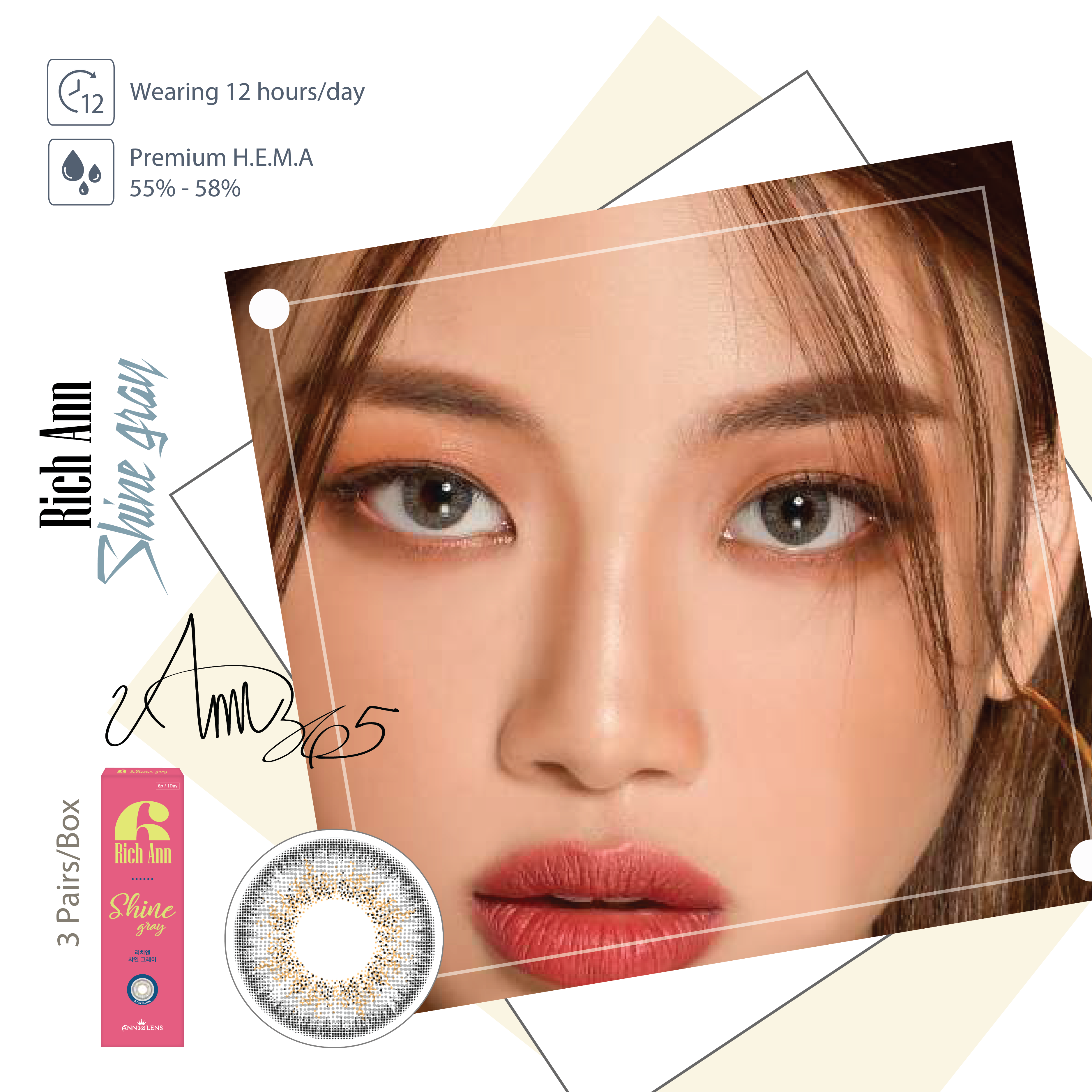 [1 𝑯𝑶̣̂𝑷] Kính Áp Tròng Nội Địa Hàn Cho Mắt Nhạy Cảm Lens Mắt Cận Có Màu Xám Rich Ann Shine Gray (1 Ngày) - Lens Ann 365 Việt Nam