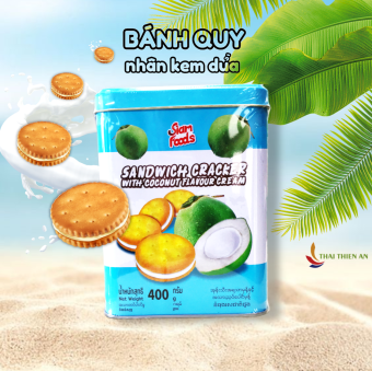 Bánh quy nhân kem dừa Thái Lan 400gr - hộp thiếc - Siam Foods Sandwich cracker with coconut cream