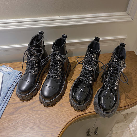 Anh Đầu Máy Buộc Dây Dr. Martens Nữ Phong Cách Retro Bốt Kỵ Sĩ 2020 Mẫu Mới Lớp Da Bóng Đế Thô Đế Dày Ins Bốt Ngắn