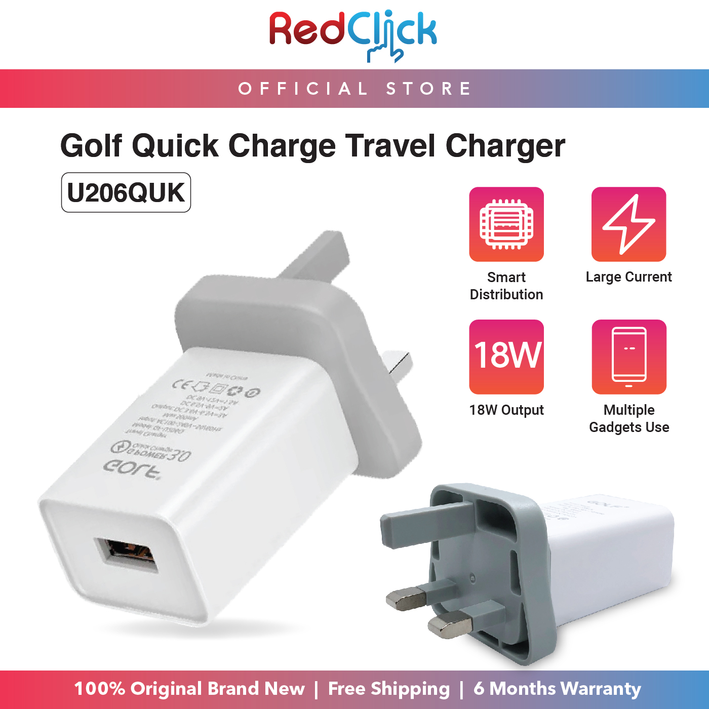 Golf Original GF U206Q UK Smart Fast Charging 3.0A 18W 3 Pin Travel Adapter