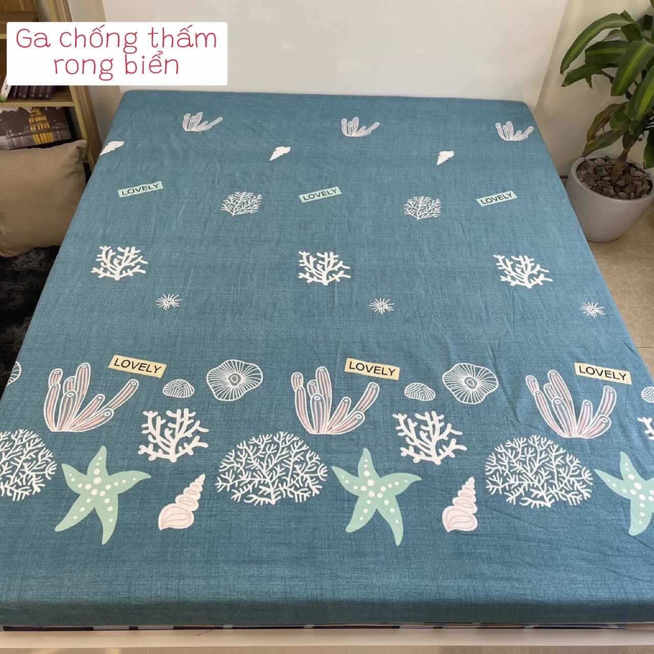 Ga chống thấm cotton hoạ tiết, drap chống thấm , ga chống thấm cotton kháng khuẩn, an toàn cho bé mẫu rong biển