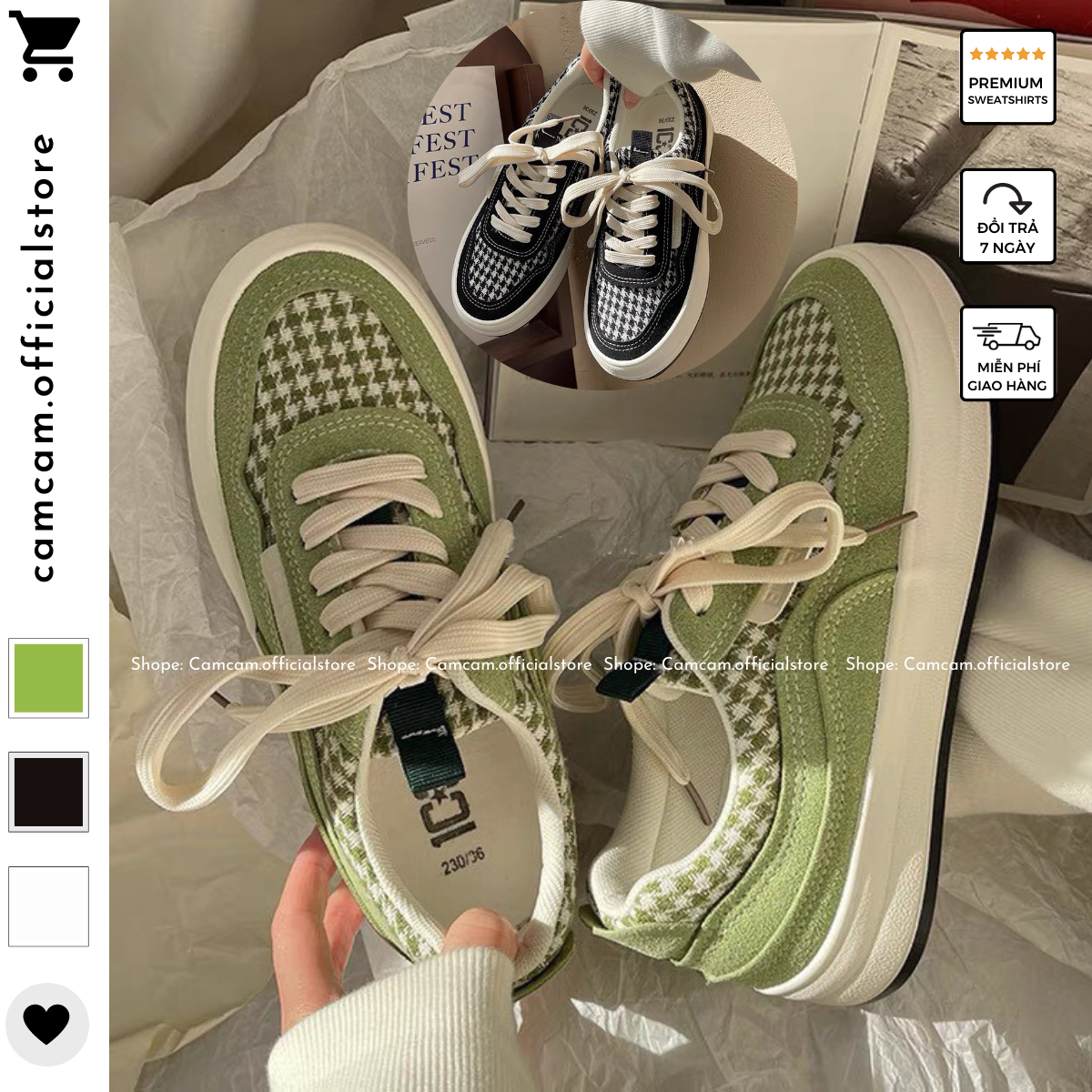 Giày thể thao nữ đế độn hoạ tiết houndstooth đế bánh mì tăng chiều cao hottrend camstore