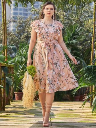Melody Fashion Floral Ruffled Sleeve Plus Size Dress