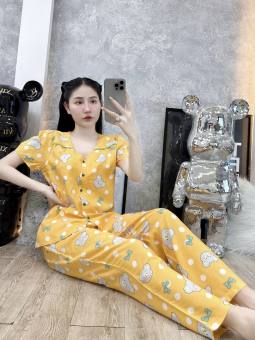 Đồ bộ tole lanh nữ mặc nhà quần dài, áo tay ngắn gài nút, cổ tim F21 VNXK SHOP5SAO (43-75kg)