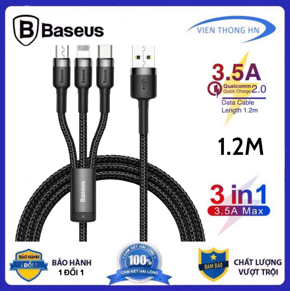 Dây sạc 3 đầu Baseus - Cáp sạc 3 đầu sạc nhanh 3.4a Baseus Kevlar USB type C micro usb lightning dây bọc dù siêu bền chống đứt gẫy - vienhonghn