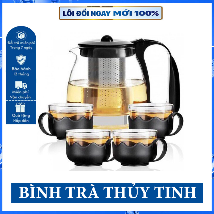 Ấm pha trà, bộ ấm pha trà thủy tinh có lưới lọc inox cao cấp, pha trà và cafe có lưới lọc inox, bình trà thủy tinh tiện lợi, bình pha trà thủy tinh tặng kèm 4 ly