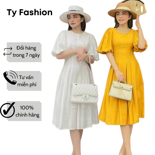 SALE FREESHIP Đầm Xòe Tiểu Thư Tay Bồng Xếp Ly Eo Cột Nơ Lưng Tyfashion SML XL