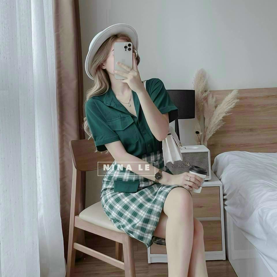 Set váy 2 món chân váy caro phối kèm áo sơ mi ngắn tay có túi 2 bên phong cách trẻ trung, cá tính